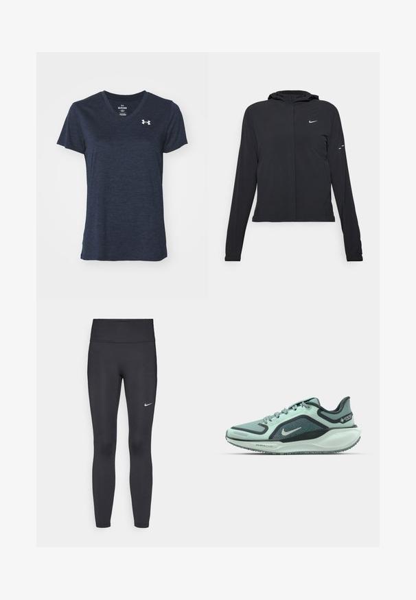 Svart hettegenser med lange ermer, laget av lett materiale. Har glidelås foran, Nike-logo og subtile design detaljer.; Marineblå V-hals t-skjorte med korte ermer, laget av et strukturert, lett stoff. Har en liten sølvlogo på øvre venstre bryst.; Sorte leggings laget av elastisk stoff, med høy livlinje og en hvit Nike-logo på venstre lår. Glatt tekstur, kroppsnær passform.; Nike Performance AIR ZM PEGASUS 41 GTX - Løpesko for vei - cannon/bleached turquoise/barely green/seaweed/mint foam