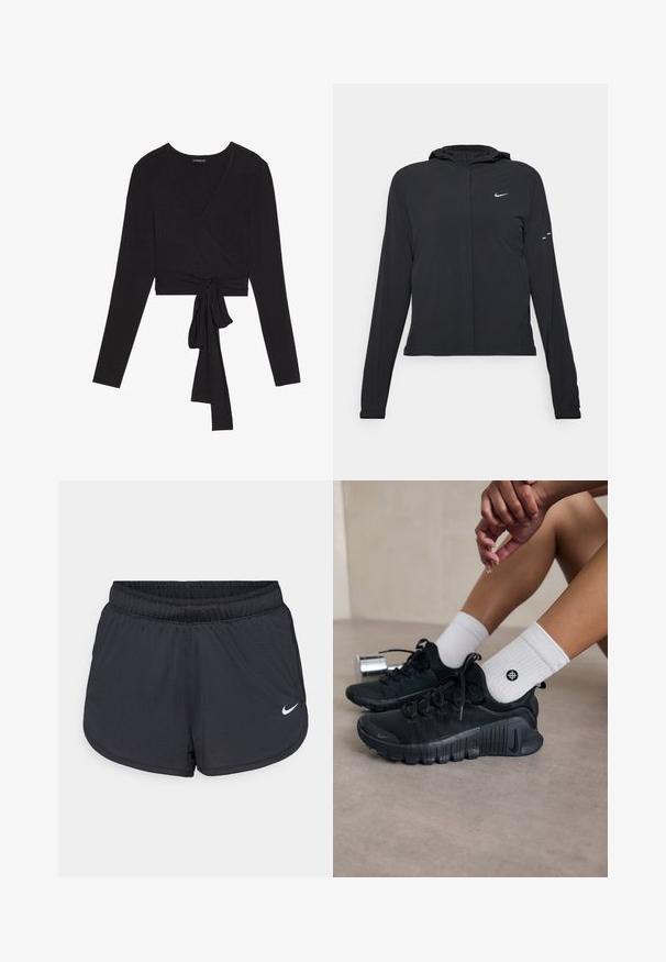 Jachetă neagră cu glugă, cu mâneci lungi, fabricată din material ușor. Dispune de un fermoar frontal, un logo Nike și accente de design subtile.; Even&Odd Bluză cu mânecă lungă - black; Pantaloni scurți atletici negri cu talie elastică, cu un design sportiv și logo-ul alb Nike pe partea frontală inferioară. Material texturat.; Pantofi sport negri din material texturat, cu un design cu sireturi și o talpă proeminentă, asortați cu șosete albe cu model cu nervuri, având un mic logo.