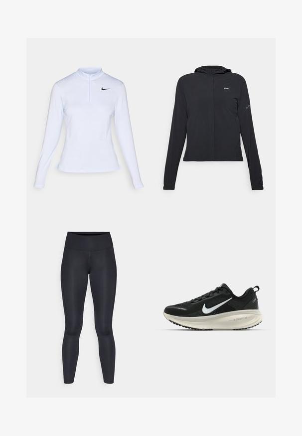 Mustassa hupparissa on pitkät hihat, ja se on valmistettu kevyestä materiaalista. Siinä on edessä vetoketju, Nike-logo ja hillityt muotoiluyksityiskohdat.; Vaaleansininen pitkähihainen urheilupaita, jossa on puoliveto kaulus. Paita on kokeileva ja siinä on musta Nike-logo vasemmassa yläkulmassa.; Mustat legginsit, jotka on valmistettu sileästä ja joustavasta kankaasta. Korkea vyötärö ilman näkyviä kuvioita tai tehosteita. Istuu tiiviisti vyötäröstä nilkkoihin.; Mustat Nike-juoksukengät, joissa on hengittävä verkko-osa, valkoinen swoosh-logo, teksturoitu yksityiskohtaus ja kermaisen värinen ZoomX-välipohja.