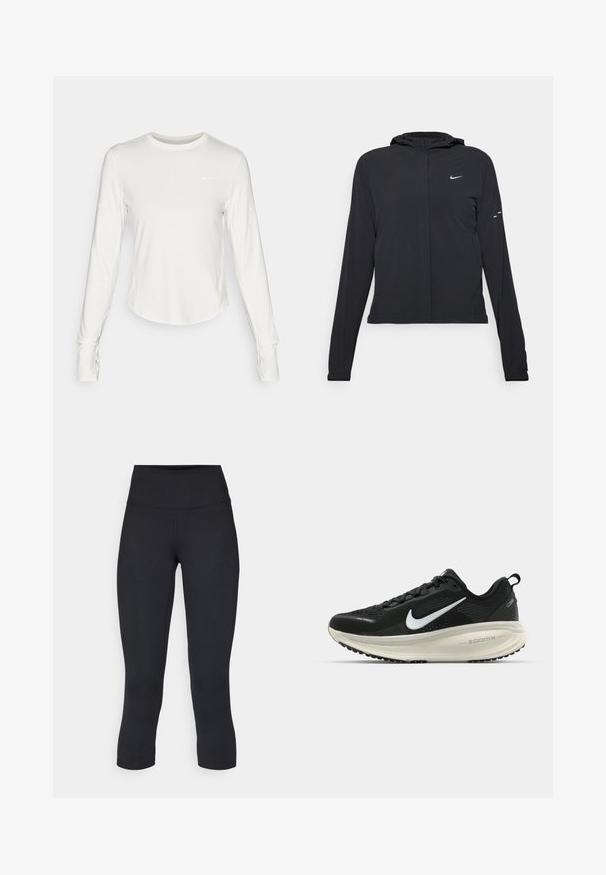Casaco preto com capuz e mangas longas, feito de material leve. Apresenta um fecho dourado na frente, um logótipo da Nike e detalhes de design subtis.; Camisola atlética de mangas longas brancas, feita de um material liso e leve. Apresenta um decote redondo e um logótipo da Nike no peito.; Leggings pretos cropped feitos de tecido elástico, apresentando uma cintura alta e uma textura suave, sem padrões ou acessórios visíveis.; Sapatilha de corrida Nike preta com parte superior de malha respirável, logotipo Swoosh branco, detalhes texturizados e uma entressola ZoomX na cor creme.