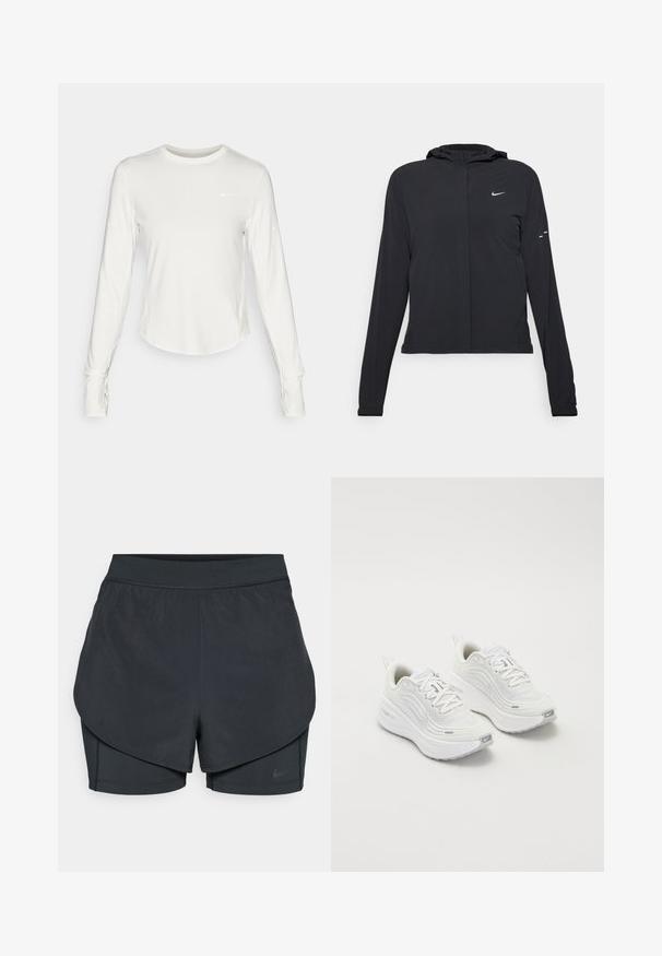 Giacca nera con cappuccio e maniche lunghe, realizzata in materiale leggero. Presenta una zip frontale, il logo Nike e accenti di design sottili.; Maglietta atletica a maniche lunghe bianca realizzata in un materiale liscio e leggero. Presenta un colletto rotondo e un logo Nike sul petto.; Shorts sportivi neri con un design a strati, caratterizzati da uno strato esterno morbido e da pantaloni interni aderenti. Realizzati in tessuto leggero e elasticizzato.; Scarpe da ginnastica bianche con tomaia in rete testurizzata, suola ammortizzata e sottili dettagli grigi. Comprendono il branding e una linguetta sul tallone per una facile calzata.
