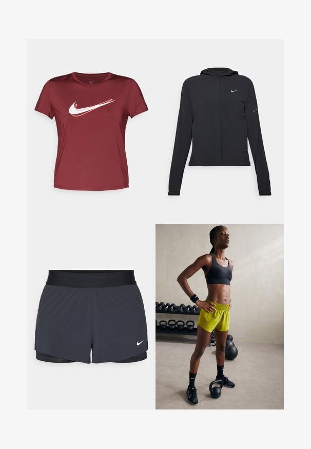 Chaqueta negra con capucha y mangas largas, hecha de un material ligero. Presenta un cierre frontal, un logo de Nike y acentos de diseño sutiles.; Camiseta corta de manga en color burdeos de Nike que presenta el logo de la marca en blanco y naranja, elaborada con un tejido suave y ligero y con un cuello redondo.; Shorts deportivos negros con cintura elástica, que presentan un diseño en capas y un pequeño logo blanco de Nike en la parte inferior izquierda. Material ligero.; Sujetador deportivo negro, pantalones cortos amarillos brillantes con cinturilla elástica, zapatillas de deporte negras y muñequeras, de pie junto a kettlebells.