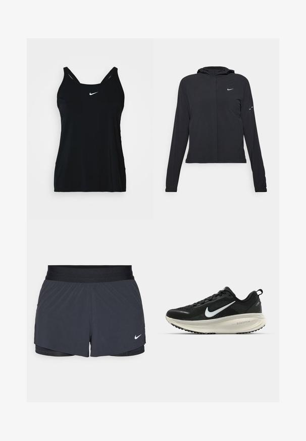 Must musta kapuutsiga jakk, millel on pikad varrukad ja mis on valmistatud kergetest materjalidest. Omab esitaskut, Nike logo ja kergelt silmatorkavaid disainiaktsente.; Must värviga sporditop õhukeste rihmadega ja Nike logo valges. Sile, kerge kangas ja hästi istuv disain külgmiste õmblustega.; Mustad must sportlikud lühikesed püksid, millel on elastne vöökoht, kihiline disain ja väike valge Nike logo vasakul all. Kerge materjal.; Musthave mustus Nike jooksujalats, millel on hingav võrgust ülemine osa, valge swoosh logo, tekstuuriga detailid ja kreemja värvusega ZoomX vahevöö.