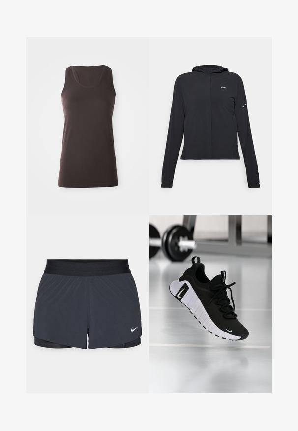 Black hooded jacket with long sleeves, made from lightweight material. Features a front zipper, a Nike logo, and subtle design accents.; Dark brown sleeveless athletic tank top with scoop neck and subtle ribbed texture on sides and shoulders, laid flat on white background.; Black athletic shorts with an elastic waistband, featuring a layered design and a small white Nike logo on the lower left. Lightweight material.; Black athletic shoe with a textured fabric upper, white sole, and prominent lacing system. Features a Nike logo and soft, cushioned design.