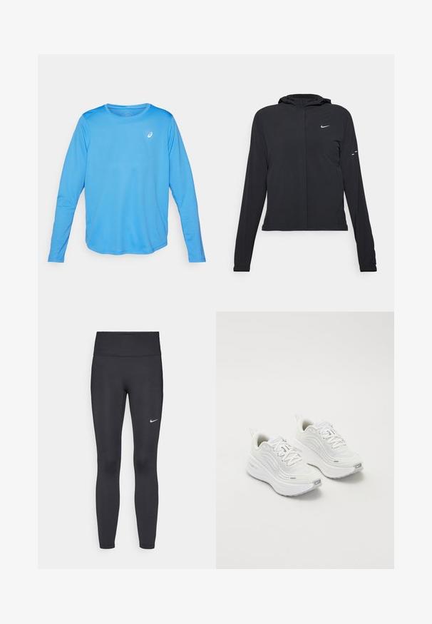 Must musta kapuutsiga jakk, millel on pikad varrukad ja mis on valmistatud kergetest materjalidest. Omab esitaskut, Nike logo ja kergelt silmatorkavaid disainiaktsente.; Pikad varrukad sportlik särk erkblue värviga. Valmistatud siledast ja kergest kangast, ümarast kaelusest ja väikese valge logoga.; Mustad mustadest leggingid, mis on valmistatud venivast kangast, kõrge vöökoha ja valge Nike logo abil vasakul reiel. Sile tekstuur, keha järgiv disain.; Valged spordijalatsid, millel on tekstureeritud võrkkangas üst, pehme tallaga ja peened hallid aktsendid. Kaasas bränding ja aasaga kannaaken mugavaks selga panemiseks.