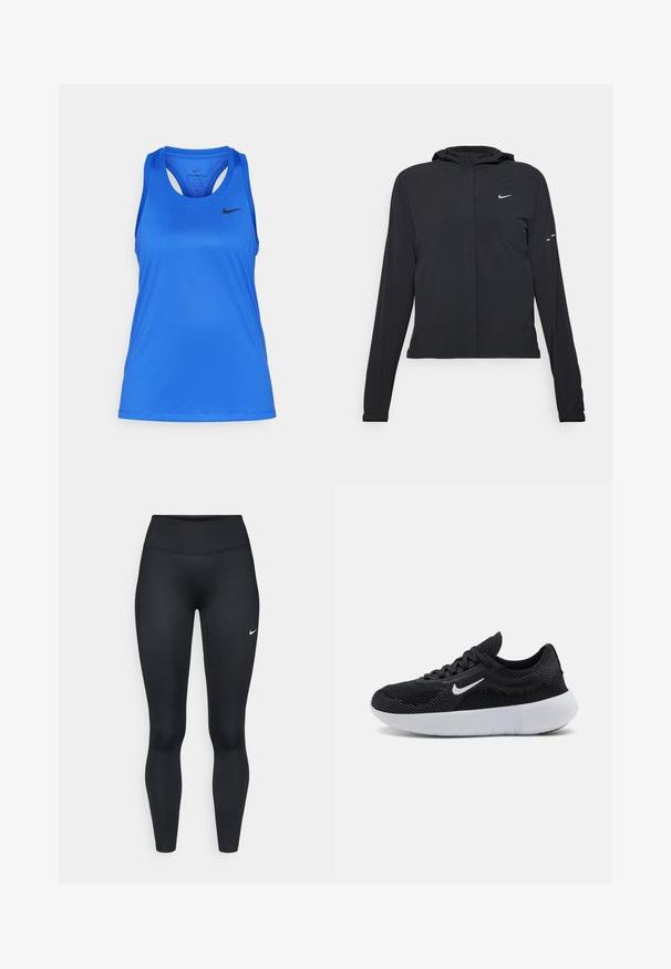Crna jakna s kapuljačom i dugim rukavima, izrađena od laganog materijala. Ima prednji patentni zatvarač, Nike logo i suptilne dizajnerske detalje.; Plavi atletski top bez rukava izrađen od glatkog, tkanog materijala koji upija vlagu. Ima okrugli izrez, dizajn s leđima racerback i mali crni logo sprijeda.; Crne sportske tajice od rastezljivog materijala s visokim pojasom, s malim bijelim Nike logotipom na lijevom bedrima.; Crna atletska cipela s mrežastim gornjim dijelom, teksturiranim dizajnom, okruglim vrhom, bijelim gumenenim potplatom i Nike logom sa strane.