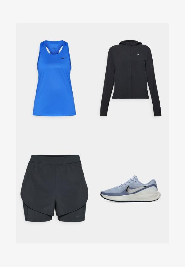 Zwarte kaptrui met lange mouwen, gemaakt van lichtgewicht materiaal. Voorzien van een ritssluiting aan de voorkant, een Nike-logo en subtiele ontwerpelementen.; Blauwe sportieve tanktop gemaakt van soepel, vochtafvoerende stof. Heeft een ronde halslijn, racerback ontwerp en een klein zwart logo aan de voorkant.; Zwarte sportshorts met een gelaagd ontwerp, voorzien van een gladde buitenlaag en aansluitende binnen shorts. Gemaakt van lichtgewicht, rekbare stof.; Lichtblauwe en witte Nike hardloopschoen met zilveren swoosh, ademend mesh bovenwerk, gewatteerde zool en zwarte buitenzool met profiel.
