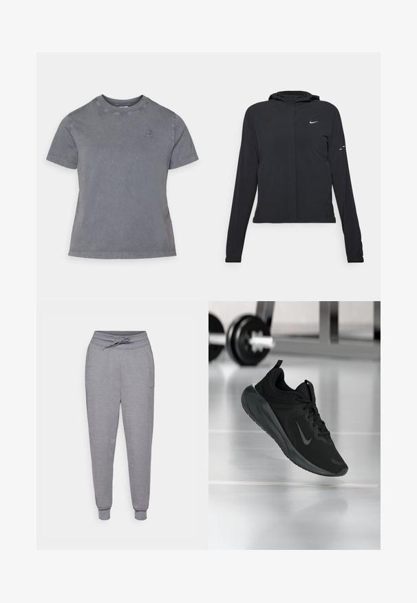 Crna jakna s kapuljačom i dugim rukavima, izrađena od laganog materijala. Ima prednji patentni zatvarač, Nike logo i suptilne dizajnerske detalje.; Siva pamučna majica s okruglim izrezom, kratkim rukavima i malim izvezenim logom na prsima. Mekana tekstura i ležeran dizajn.; Sive tapered trenirke s povlačenjem u struku, elastičnim manžetama i suptilnim Nike logom na lijevom butu. Mekani, teksturirani materijal.; Crna sportska tenisica s Nike logotipom, prikazana u zraku na podu teretane, s mutnom stalcem za bučice u pozadini.
