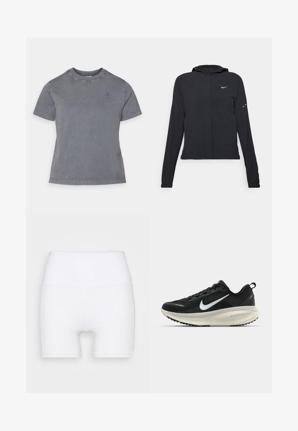 Crna jakna s kapuljačom i dugim rukavima, izrađena od laganog materijala. Ima prednji patentni zatvarač, Nike logo i suptilne dizajnerske detalje.; Siva pamučna majica s okruglim izrezom, kratkim rukavima i malim izvezenim logom na prsima. Mekana tekstura i ležeran dizajn.; Bijele kratke hlače visokog struka napravljene od rastezljivog materijala. Karakteriziraju ih glatka tekstura i prilagođeni dizajn, bez dodatnih uzoraka ili hardvera.; Crne Nike trkačke tenisice s prozračnom mrežastom gornjom konstrukcijom, bijelim swoosh logotipom, teksturiranim detaljima i kremastom ZoomX srednjom potplatnom jedinicom.