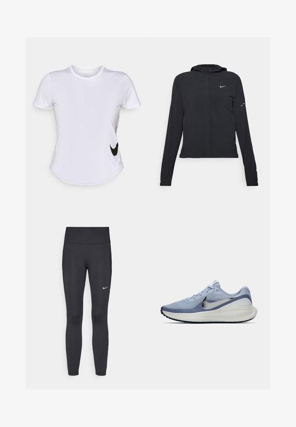 Fekete kapucnis dzseki hosszú ujjakkal, könnyű anyagból készült. Elülső cipzárral, Nike logóval és diszkrét dizájn elemekkel rendelkezik.; Fehér, rövid ujjú sportpóló sima anyagból, fekete Nike logóval a baloldalon és ívelt alsó részes kialakítással.; Fekete leggings elasztikus anyagból, magas derékkal és fehér Nike logóval a bal combon. Simább textúra, testhez álló kialakítás.; Világoskék és fehér Nike futócipő ezüst swoosh logóval, légáteresztő hálós felsővel, párnázott talppal és fekete talpkiképzéssel.