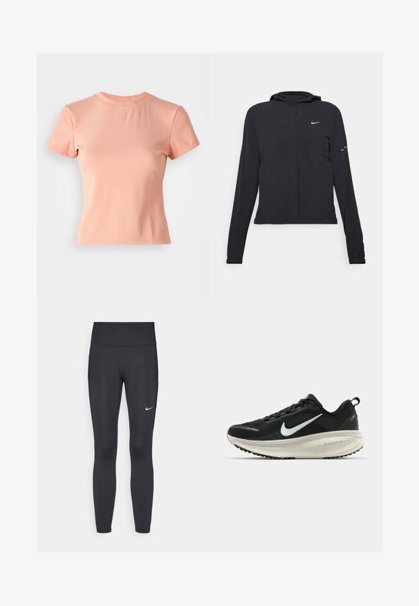 Casaco preto com capuz e mangas longas, feito de material leve. Apresenta um fecho dourado na frente, um logótipo da Nike e detalhes de design subtis.; T-shirt rosa claro de manga curta feita de tecido canelado. Apresenta um decote redondo e um pequeno logótipo em relevo ao centro.; Leggings pretos feitos de tecido elástico, com uma cintura alta e um logo branco da Nike na coxa esquerda. Textura suave, design ajustado ao corpo.; Sapatilha de corrida Nike preta com parte superior de malha respirável, logotipo Swoosh branco, detalhes texturizados e uma entressola ZoomX na cor creme.