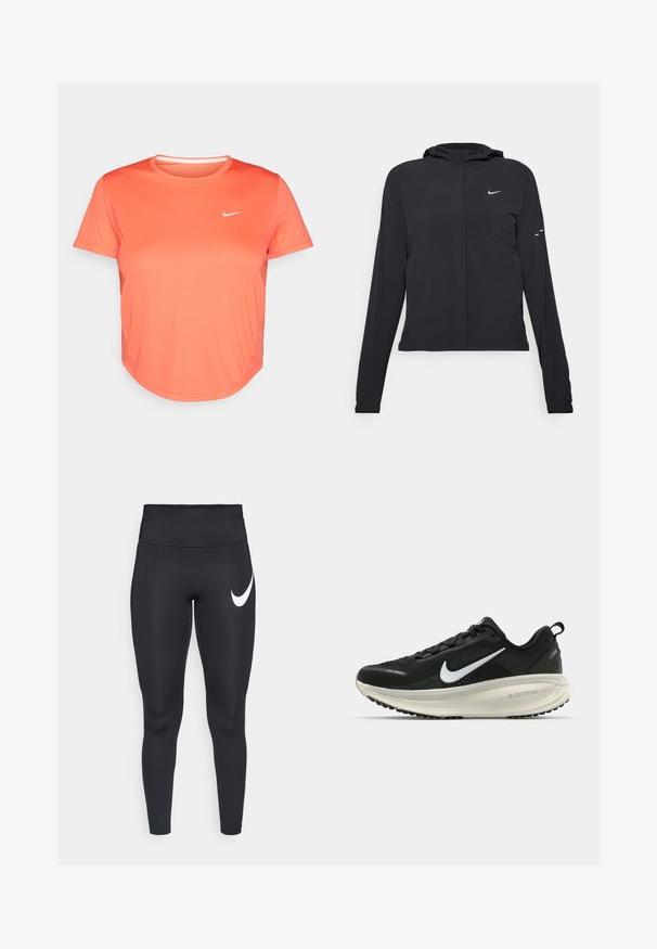 Giacca nera con cappuccio e maniche lunghe, realizzata in materiale leggero. Presenta una zip frontale, il logo Nike e accenti di design sottili.; Maglietta sportiva Nike di un vivace colore corallo, realizzata in tessuto morbido e traspirante. Presenta un collo rotondo e maniche corte con un piccolo logo bianco.; Leggings sportive neri a vita alta con il logo bianco dello swoosh Nike nella parte superiore della coscia sinistra su uno sfondo bianco.; Scarpa da corsa nera Nike con tomaia in rete traspirante, logo Swoosh bianco, dettagli testurizzati e intersuola ZoomX di colore crema.