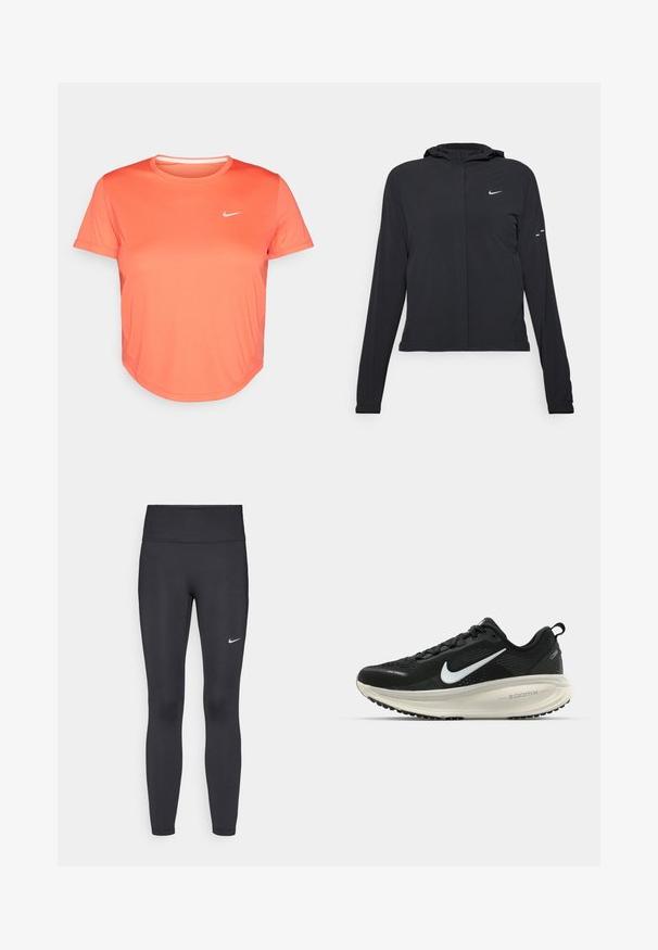Črna kapuča s dolgimi rokavi, izdelana iz lahkega materiala. Ima sprednji zadrgo, logotip Nike in subtilne oblikovne detajle.; Nike športna majica v svetlo koralni barvi, izdelana iz gladkega, dihajočega materiala. Ima okroglo ovratnico in kratke rokave z majhnim belim logotipom.; Črne legice iz elastične tkanine, z visokim pasom in belim Nike logo na levem stegnu. Gladka tekstura, oblikovno prilegajoč dizajn.; Črne Nike tekaške čevlje z zračno mrežno zgornjim delom, belim logotipom Swoosh, teksturiranimi detajli in smetanasto barvnim srednjim delom ZoomX.