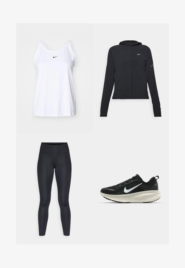 Svart huva jacka med långa ärmar, gjord av lätt material. Har en framdragare, en Nike-logotyp och subtila designelement.; Vit ärmlös träningslinne i lätt material. Har en rund halsringning och en liten svart Nike-logotyp på framsidan.; Svarta leggings gjorda av ett smidigt, elastiskt tyg. Hög midja utan synliga mönster eller detaljer. Sitter tätt från midjan till anklarna.; Svart Nike löparsko med andningsbart mesh-ovandel, vit swoosh-logotyp, texturerad detaljering och en krämfärgad ZoomX-mellansula.