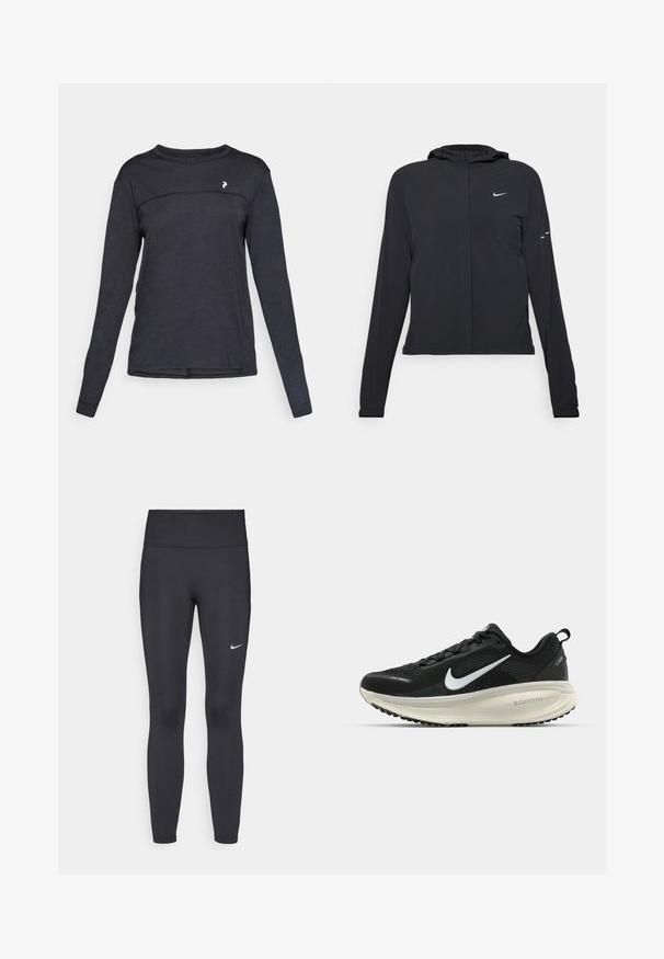 Black hooded jacket with long sleeves, made from lightweight material. Features a front zipper, a Nike logo, and subtle design accents.; Black long-sleeve crew neck shirt with a small white logo on the upper chest and subtle horizontal seam across the front.; Black leggings made of stretchy fabric, featuring a high waistband and a white Nike logo on the left thigh. Smooth texture, form-fitting design.; Black Nike running shoe with breathable mesh upper, white swoosh logo, textured detailing, and a cream-colored ZoomX midsole.