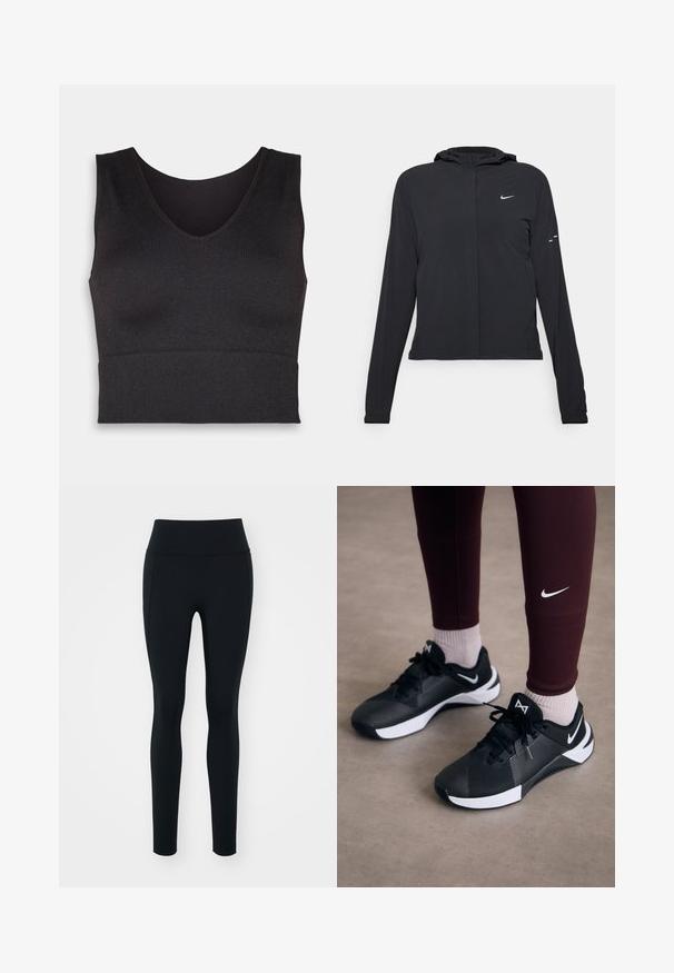 Čierna kapucňová bunda s dlhou rukávou, vyrobená z ľahkého materiálu. Má predný zips, logo Nike a jemné dizajnové akcenty.; Čierny rebrovaný crop top s V-výstrihom a priliehavým strihom. Materiál je elastický, čo zabezpečuje tesné zladenie a hladkú textúru.; Čierne legíny vyrobené z elastického materiálu s vysokým pásom. Hladká textúra, priliehavý strih a žiadne viditeľné ozdoby alebo vzory.; Čierne športové topánky s textúrovaným zvrškom a bielymi akcentmi, s dvoma šnúrkami a logom na boku. Nosené s bordo legínami a svetlými ponožkami.