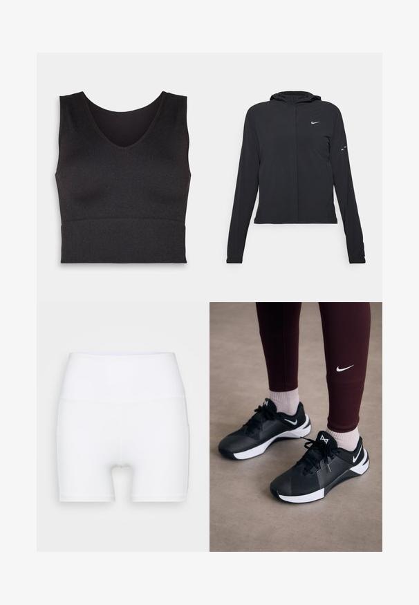 Sort hættetrøje med lange ærmer, lavet af letvægtsmateriale. Har en frontlynlås, et Nike-logo og subtile designaccenter.; Sort ribbet crop top med V-udskæring og en tætsiddende design. Materialet er strækbart, hvilket giver en snug pasform og en glat tekstur.; Hvide højtaljede shorts lavet af strækstof. Har en glat tekstur og en tætsiddende design, uden yderligere mønstre eller hardware.; Sorte træningssko med en struktureret overdel og hvide accenter, forsynet med snørebånd og et logo på siden. Båret med maroon leggings og lyse sokker.