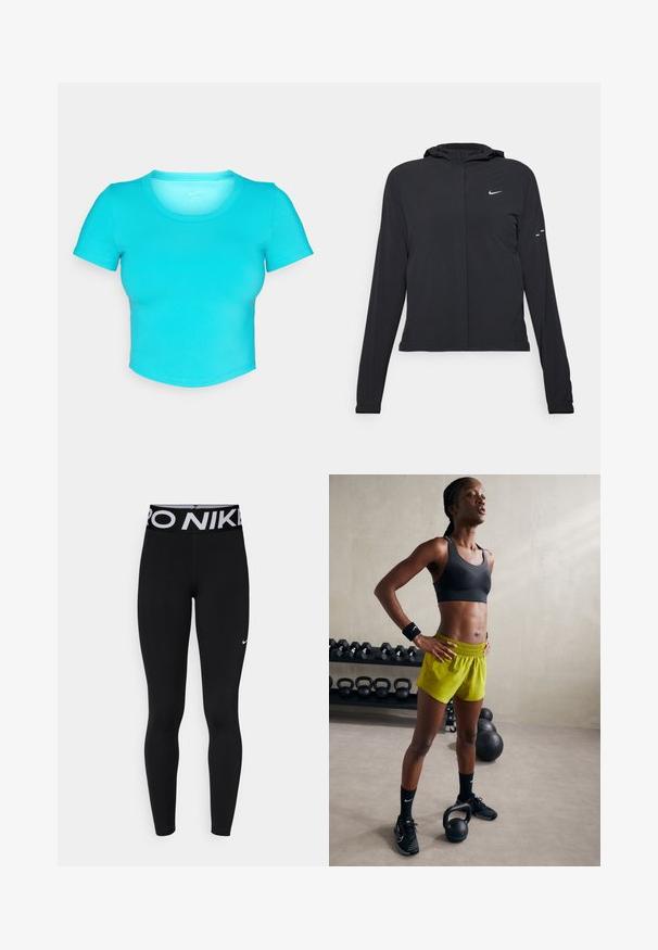 Chaqueta negra con capucha y mangas largas, hecha de un material ligero. Presenta un cierre frontal, un logo de Nike y acentos de diseño sutiles.; Camiseta corta en color turquesa, hecha de una tela suave y elástica. Presenta mangas cortas y un escote redondo con detalles de costura limpia.; Leggings negras con una ancha cinturilla elástica que presenta "PRO NIKE" en texto blanco, hechas de un material suave y elástico, con un pequeño detalle del logo.; Sujetador deportivo negro, pantalones cortos amarillos brillantes con cinturilla elástica, zapatillas de deporte negras y muñequeras, de pie junto a kettlebells.