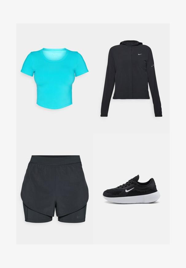 Fekete kapucnis dzseki hosszú ujjakkal, könnyű anyagból készült. Elülső cipzárral, Nike logóval és diszkrét dizájn elemekkel rendelkezik.; Türkiz színű, rövid fazonú póló sima, rugalmas anyagból. Rövid ujjakkal és kerek nyakkivágással rendelkezik, tiszta varrási részletekkel.; Fekete sportnadrág réteges kialakítással, sima külső résszel és illeszkedő belső nadrággal. Könnyű, rugalmas anyagból készült.; Fekete sportcipő, hálós felsőrésszel, strukturált dizájnnal, kerek orral, fehér gumitalppal és Nike logóval az oldalon.