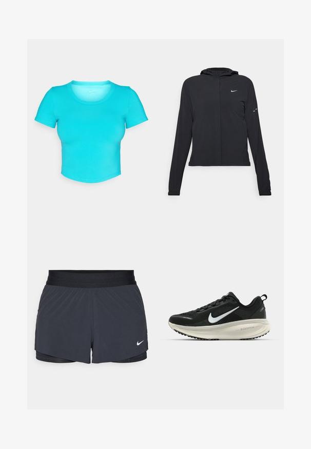 Svart huva jacka med långa ärmar, gjord av lätt material. Har en framdragare, en Nike-logotyp och subtila designelement.; Turkos kortärmad t-shirt i mjukt, stretchigt tyg. Har korta ärmar och en rund halsringning med rena sömmar.; Svarta idrottsshorts med elastisk midja, med en lagerdesign och en liten vit Nike-logga på nedre vänstra sidan. Lättviktig material.; Svart Nike löparsko med andningsbart mesh-ovandel, vit swoosh-logotyp, texturerad detaljering och en krämfärgad ZoomX-mellansula.