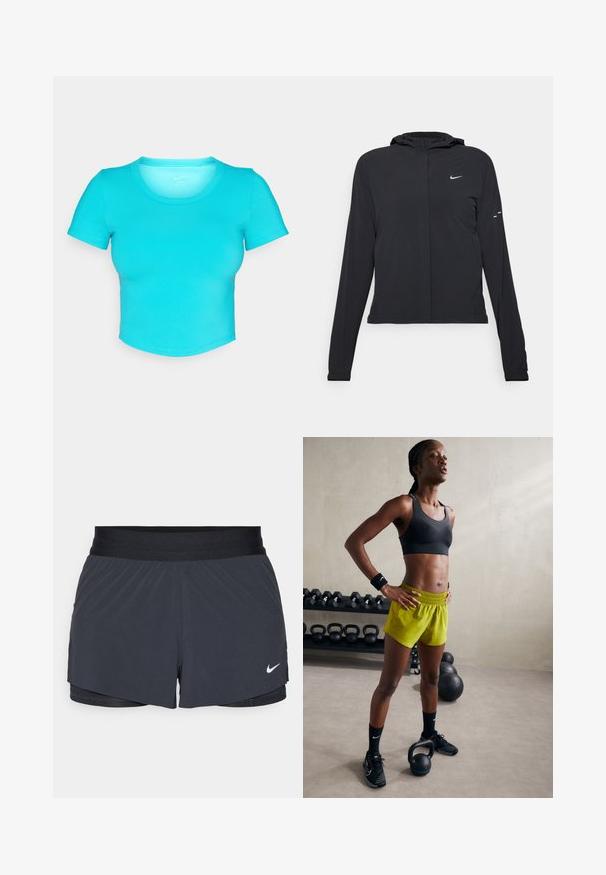 Fekete kapucnis dzseki hosszú ujjakkal, könnyű anyagból készült. Elülső cipzárral, Nike logóval és diszkrét dizájn elemekkel rendelkezik.; Türkiz színű, rövid fazonú póló sima, rugalmas anyagból. Rövid ujjakkal és kerek nyakkivágással rendelkezik, tiszta varrási részletekkel.; Fekete sportnadrág elasztikus derékkal, réteges kialakítással és kis fehér Nike logóval a bal alsó részen. Könnyű anyag.; Fekete sportmelltartó, élénk sárga rövidnadrág, rugós derékkal, fekete sportcipő és csuklószalagok, kettlebell mellett állva.