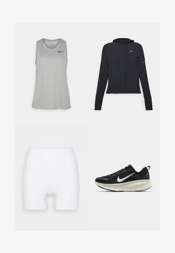 Jachetă neagră cu glugă, cu mâneci lungi, fabricată din material ușor. Dispune de un fermoar frontal, un logo Nike și accente de design subtile.; Top de sport gri, fabricat dintr-un material ușor. Are un decolteu rotund, design fără mâneci și un mic logo negru pe piept.; Șorturi albe cu talie înaltă, fabricate dintr-un material elastic. Au o textură netedă și un design ajustat, fără modele sau accesorii suplimentare.; Pantofii de alergare negri de la Nike, cu parte superioară din plasă respirabilă, logo-ul alb Swoosh, detalii texturate și o talpă intermediară ZoomX de culoare crem.