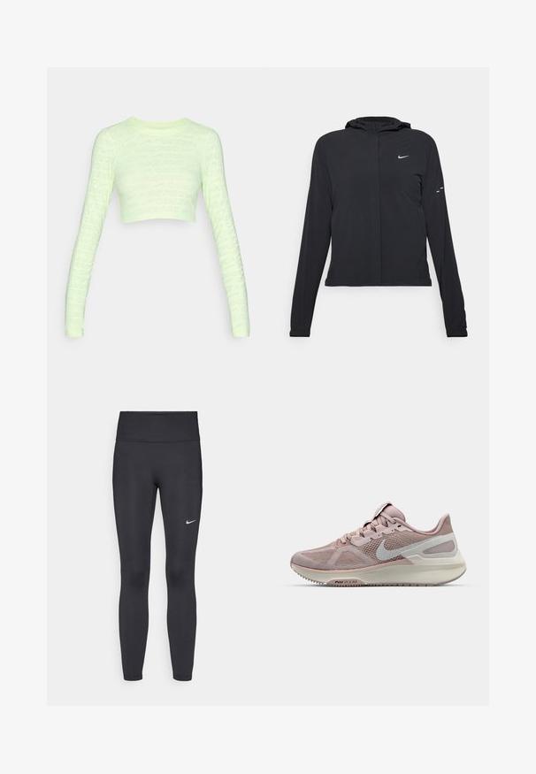 Svart hettegenser med lange ermer, laget av lett materiale. Har glidelås foran, Nike-logo og subtile design detaljer.; Lys grøn langermet crop top med «NIKE PRO»-tekstmønster over hele. Tett passform, glatt tekstur, rund halslinning og stramme ermer.; Sorte leggings laget av elastisk stoff, med høy livlinje og en hvit Nike-logo på venstre lår. Glatt tekstur, kroppsnær passform.; Nike løpesko med nettverksoverdel i lys rosa og grå, med en polstret såle og en avrundet tådesign. Utsmykket med swoosh-logo.