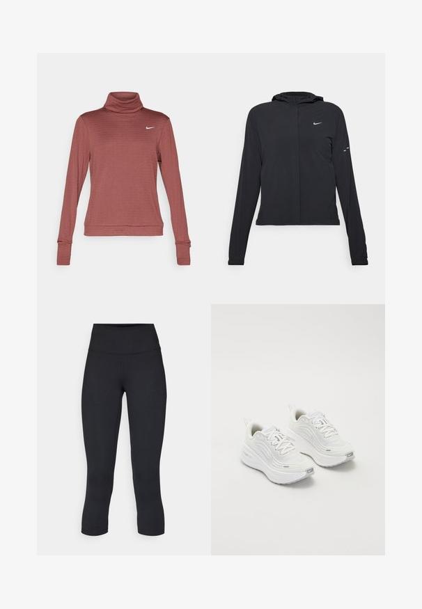 Giacca nera con cappuccio e maniche lunghe, realizzata in materiale leggero. Presenta una zip frontale, il logo Nike e accenti di design sottili.; Nike Performance THERMA-FIT SWIFT - Maglietta a manica lunga - red sepia/reflective silver; Leggings cropped neri realizzati in tessuto elasticizzato, con vita alta e texture liscia, senza motivi o componenti visibili.; Scarpe da ginnastica bianche con tomaia in rete testurizzata, suola ammortizzata e sottili dettagli grigi. Comprendono il branding e una linguetta sul tallone per una facile calzata.