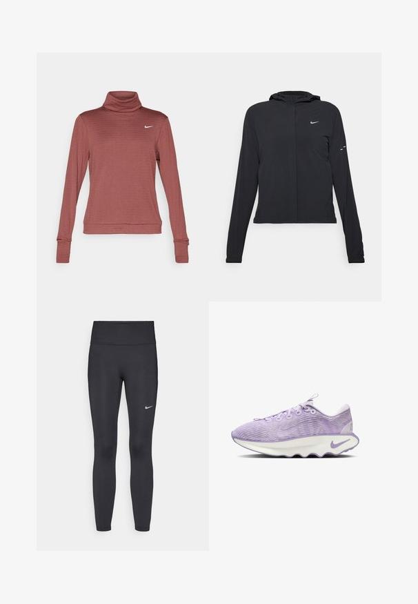 Zwarte kaptrui met lange mouwen, gemaakt van lichtgewicht materiaal. Voorzien van een ritssluiting aan de voorkant, een Nike-logo en subtiele ontwerpelementen.; Nike Performance THERMA-FIT SWIFT - Longsleeve - red sepia/reflective silver; Zwarte legging van rekbare stof met een hoge tailleband en een wit Nike-logo op de linkerdij. Gladde textuur, aansluitend ontwerp.; Paarse sneaker met een gestructureerde bovenkant, witte tussenzool en golvende loopzool. Bevat veters en een subtiel logo aan de zijkant.