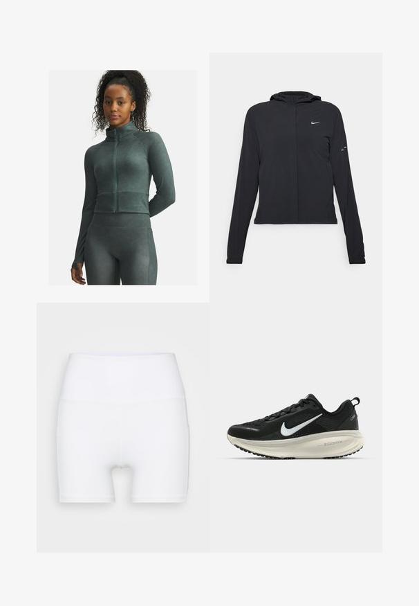Chaqueta negra con capucha y mangas largas, hecha de un material ligero. Presenta un cierre frontal, un logo de Nike y acentos de diseño sutiles.; Mujer con cabello rizado que lleva una chaqueta deportiva de cremallera verde oscuro y leggings a juego, de pie con un brazo detrás de la espalda contra un fondo blanco.; Shorts blancos de talle alto confeccionados en tejido elástico. Presentan una textura suave y un diseño ajustado, sin patrones ni herrajes adicionales.; Zapatilla de running Nike negra con parte superior de malla transpirable, logo Swoosh blanco, detalles texturizados y una entresuela ZoomX de color crema.