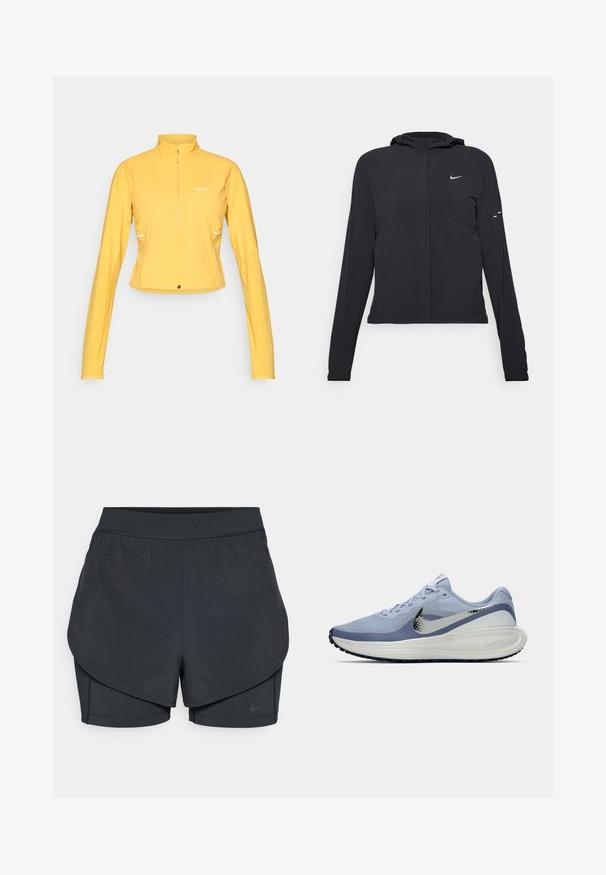 Must musta kapuutsiga jakk, millel on pikad varrukad ja mis on valmistatud kergetest materjalidest. Omab esitaskut, Nike logo ja kergelt silmatorkavaid disainiaktsente.; Kollane spordiline pikkade varrukatega särk, milles on poolkinnituskaelus, kitsas lõige, kerge kangas ja logo detail rinnal.; Mustad musta sportlikud lühikesed püksid kihilise disainiga, millel on sile välimine kiht ja istuvad sisepüksid. Valmistatud kergest, venivast kangast.; Heledadsinine ja valge Nike jooksutoss, millel on hõbedane swoosh, hingav võrkmaterjal, pehmendatud tallad ja must välispind.