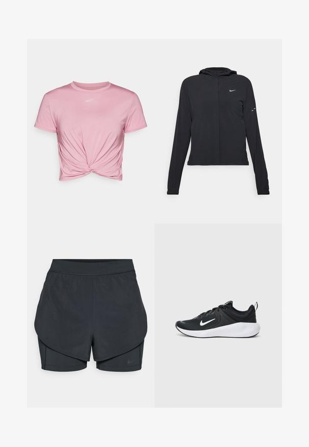 Casaco preto com capuz e mangas longas, feito de material leve. Apresenta um fecho dourado na frente, um logótipo da Nike e detalhes de design subtis.; Nike Performance ONE CLASSIC - T-shirt desportiva - elemental pink/black; Calções desportivos pretos com um design em camadas, apresentando uma camada exterior suave e calções interiores ajustados. Feitos de um tecido leve e elástico.; Sapatilha atlética preta com parte superior em tecido respirável, logótipo swoosh branco, entressola branca lisa e sola preta texturizada.