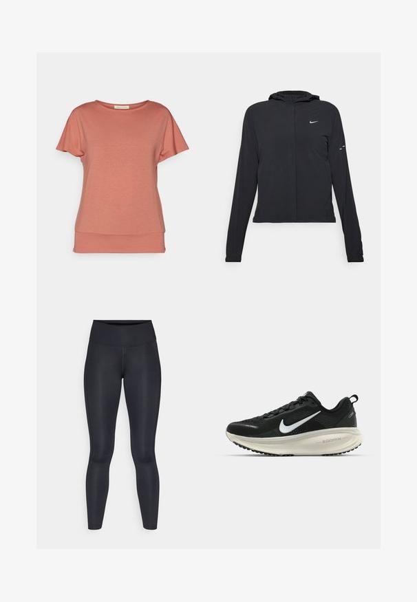 Giacca nera con cappuccio e maniche lunghe, realizzata in materiale leggero. Presenta una zip frontale, il logo Nike e accenti di design sottili.; Yogasearcher MEDE - T-shirt basic - cedar; Leggings neri realizzati in un tessuto liscio e elasticizzato. Vita alta senza motivi o dettagli visibili. Vestono aderenti dalla vita alle caviglie.; Scarpa da corsa nera Nike con tomaia in rete traspirante, logo Swoosh bianco, dettagli testurizzati e intersuola ZoomX di colore crema.