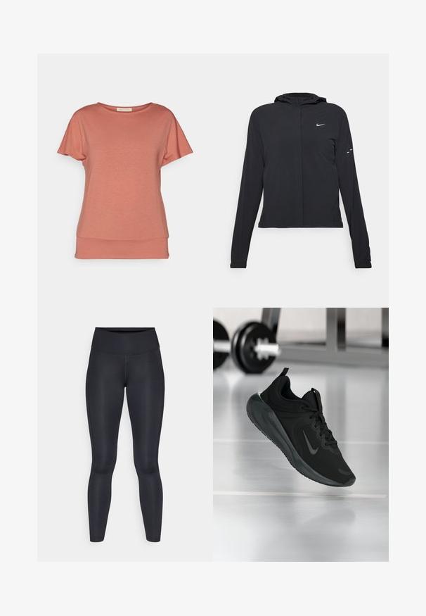 Čierna kapucňová bunda s dlhou rukávou, vyrobená z ľahkého materiálu. Má predný zips, logo Nike a jemné dizajnové akcenty.; Yogasearcher MEDE - Základné tričko - cedar; Čierne legíny vyrobené z hladkej, elastickej tkaniny. Vysoký pás bez viditeľných vzorov alebo akcentov. Úzke od pásu po členky.; Čierne športové tenisky s logom Nike, zobrazené vo vzduchu na podlahe telocvične, s rozmazaným regálom činkami v pozadí.