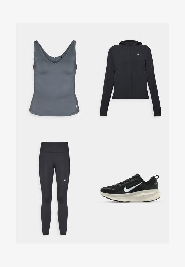 Černá kapucňová bunda s dlouhými rukávy, vyrobená z lehkého materiálu. Obsahuje přední zip, logo Nike a decentní designové akcenty.; Björn Borg ACE DEEP V TANK - Top - urban chic; Černé legíny vyrobené z elastického materiálu, s vysokým pasem a bílým logem Nike na levém stehně. Hladká textura, přiléhavý střih.; Černá běžecká obuv Nike s prodyšným síťovaným svrškem, bílým logem swoosh, texturovanými detaily a krémovou mezipodešví ZoomX.
