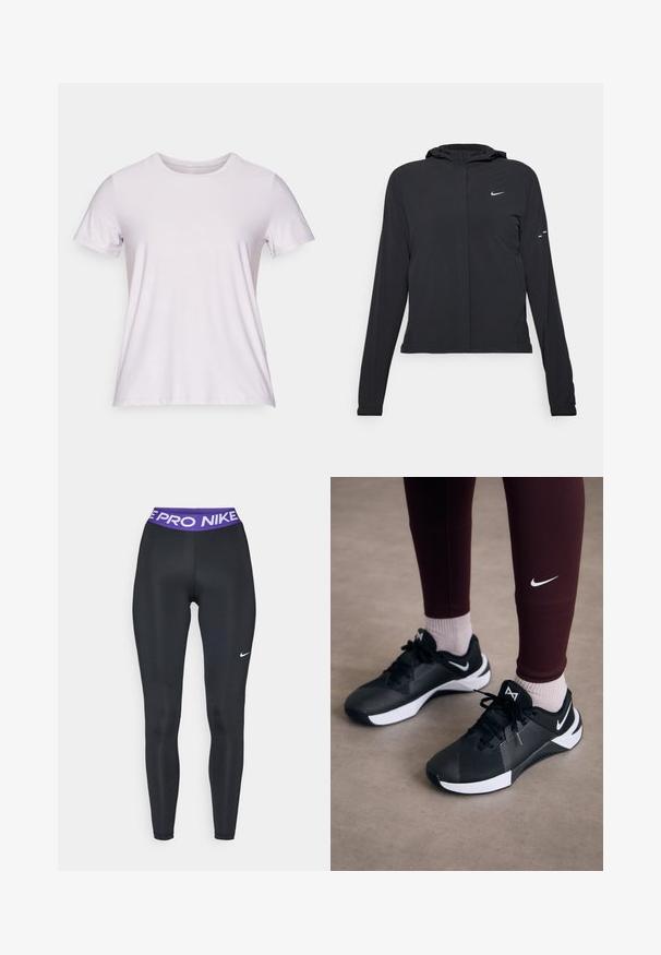 Giacca nera con cappuccio e maniche lunghe, realizzata in materiale leggero. Presenta una zip frontale, il logo Nike e accenti di design sottili.; T-shirt a maniche corte e collo rotondo, realizzato in tessuto viola chiaro con una superficie liscia e cuciture minime, adatto per un abbigliamento informale.; Leggings atletici neri con una texture liscia, dotati di una vita viola etichettata "NIKE PRO" e un piccolo logo Nike bianco su un lato.; Scarpe da ginnastica nere con una tomaia testurizzata e dettagli bianchi, dotate di lacci e un logo laterale. Indossate con leggings bordeaux e calze chiare.