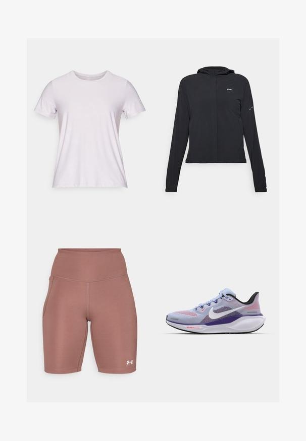 Black hooded jacket with long sleeves, made from lightweight material. Features a front zipper, a Nike logo, and subtle design accents.; Short-sleeve, round-neck t-shirt made of light purple fabric with a smooth texture and minimal seams, suitable for casual wear.; High-waisted athletic shorts in muted rose color. Made of smooth, stretchy fabric with side pocket and white logo accent near hem.; Light blue Nike running shoe with mesh upper, purple accents, black heel, and white sole featuring "AIR 200" branding in red.