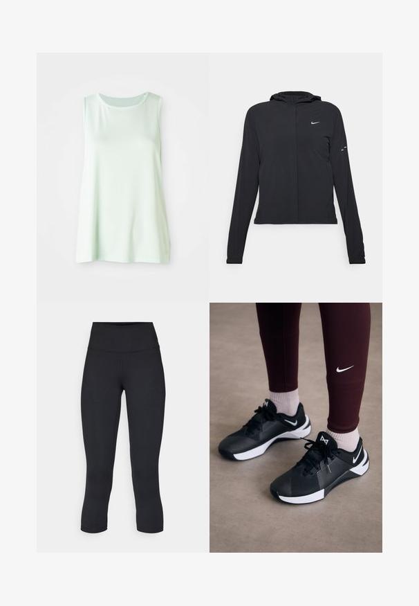 Black hooded jacket with long sleeves, made from lightweight material. Features a front zipper, a Nike logo, and subtle design accents.; Light green sleeveless top made of breathable mesh fabric, featuring a round neckline and loose fit for comfort and movement.; Black cropped leggings made of stretchy fabric, featuring a high waistband and smooth texture, with no visible patterns or hardware.; Black athletic shoes with a textured upper and white accents, featuring laces and a side logo. Worn with maroon leggings and light socks.