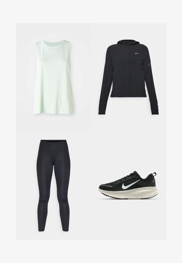 Svart hettegenser med lange ermer, laget av lett materiale. Har glidelås foran, Nike-logo og subtile design detaljer.; Lys grønne ermeløse topp laget av pustende mesh-stoff, med rund halslinning og løs passform for komfort og bevegelse.; Sorte leggings laget av glatt, elastisk materiale. Høy midje uten synlige mønstre eller detaljer. Sitter tett fra midjen til anklene.; Svart Nike løpesko med pustende mesh-overdel, hvit swoosh-logo, teksturert detaljer og en kremfarget ZoomX mellomsåle.
