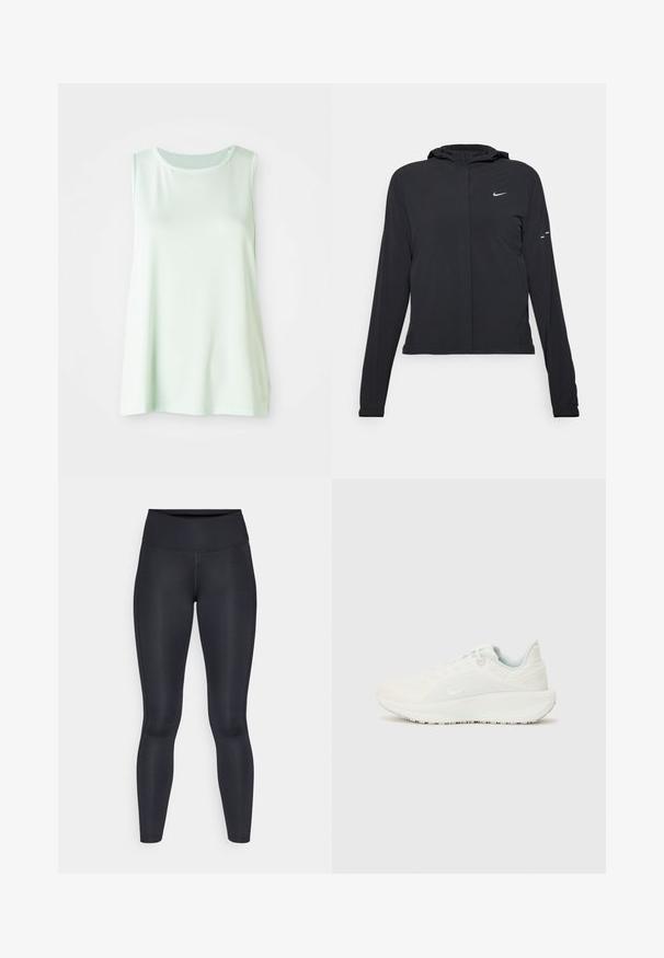 Giacca nera con cappuccio e maniche lunghe, realizzata in materiale leggero. Presenta una zip frontale, il logo Nike e accenti di design sottili.; Top senza maniche verde chiaro realizzato in tessuto mesh traspirante, con scollatura rotonda e vestibilità ampia per comfort e libertà di movimento.; Leggings neri realizzati in un tessuto liscio e elasticizzato. Vita alta senza motivi o dettagli visibili. Vestono aderenti dalla vita alle caviglie.; Scarpe da ginnastica bianche con tomaia texture, collo imbottito e chiusura con lacci. Presentano una suola curva e un logo discreto sul lato.