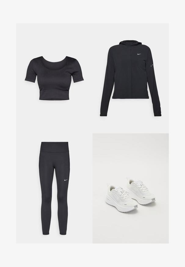 Svart hettegenser med lange ermer, laget av lett materiale. Har glidelås foran, Nike-logo og subtile design detaljer.; Svart ribbestrikket cropped topp med korte ermer, vid rund halslinning og en tettsittende kant nederst. Myk tekstur, uformell design.; Sorte leggings laget av elastisk stoff, med høy livlinje og en hvit Nike-logo på venstre lår. Glatt tekstur, kroppsnær passform.; Hvite joggesko med et teksturert mesh-overdel, polstret såle og subtile grå aksenter. Inkluderer merkevare og løkke på hælen for enkel påkledning.