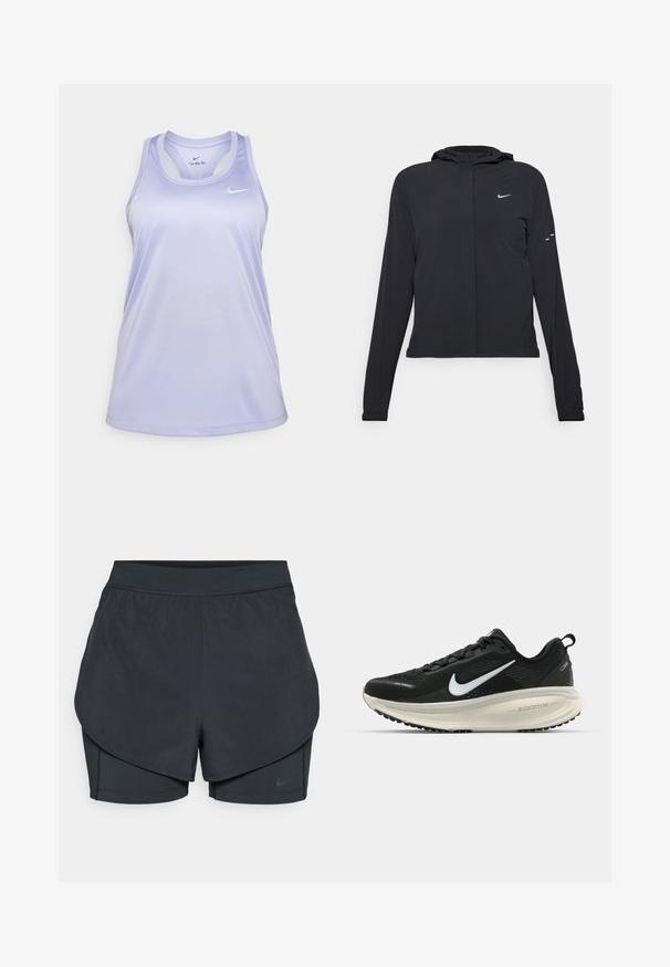 Must musta kapuutsiga jakk, millel on pikad varrukad ja mis on valmistatud kergetest materjalidest. Omab esitaskut, Nike logo ja kergelt silmatorkavaid disainiaktsente.; Heledane lilla Nike tank top, millel on ümmargune kaelus, õhukesed rihmad ja hingav kangas. Ees on Nike logo.; Mustad musta sportlikud lühikesed püksid kihilise disainiga, millel on sile välimine kiht ja istuvad sisepüksid. Valmistatud kergest, venivast kangast.; Musthave mustus Nike jooksujalats, millel on hingav võrgust ülemine osa, valge swoosh logo, tekstuuriga detailid ja kreemja värvusega ZoomX vahevöö.