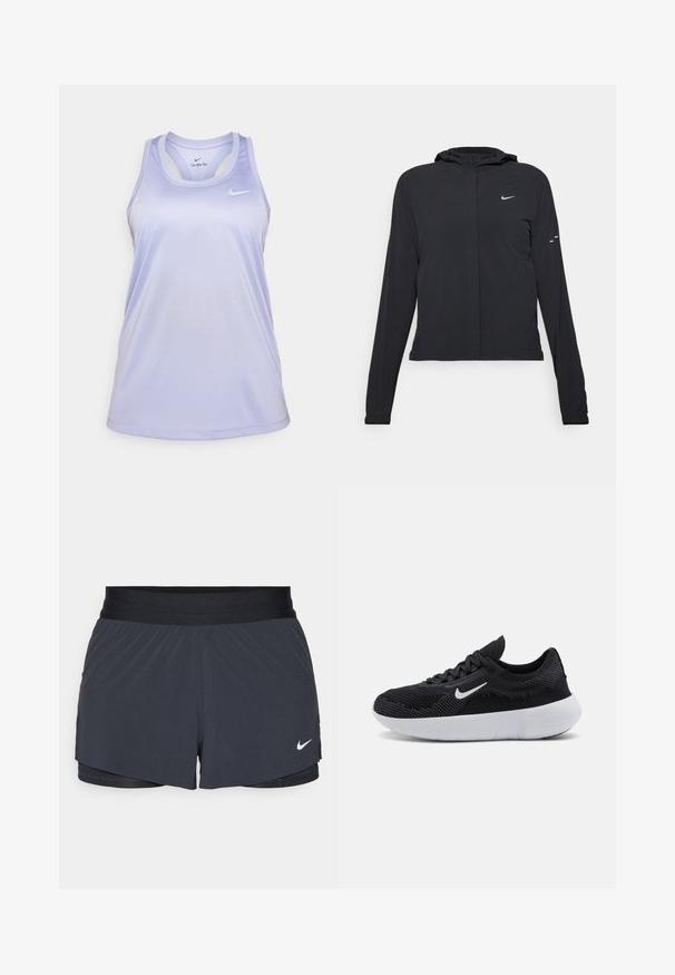 Melnā kapuci jaka ar garām piedurknēm, izgatavota no viegla materiāla. Tam ir priekšējais rāvējslēdzis, Nike logo un smalki dizaina akcenti.; Gaiši purpura Nike bez piedurknēm ar apaļu izgriezumu, plānām siksnām un elpojošu audumu. Uz krūtīm ir Nike logo.; Melnas sporta šortus ar elastīgu jostu, ar slāņotu dizainu un mazu balto Nike logo apakšējā kreisajā stūrī. Viegls materiāls.; Melna sporta apava ar acs audumu augšdaļu, teksturētu dizainu, apaļu purngalu, baltu gumijas zoli un Nike logotipu sānos.