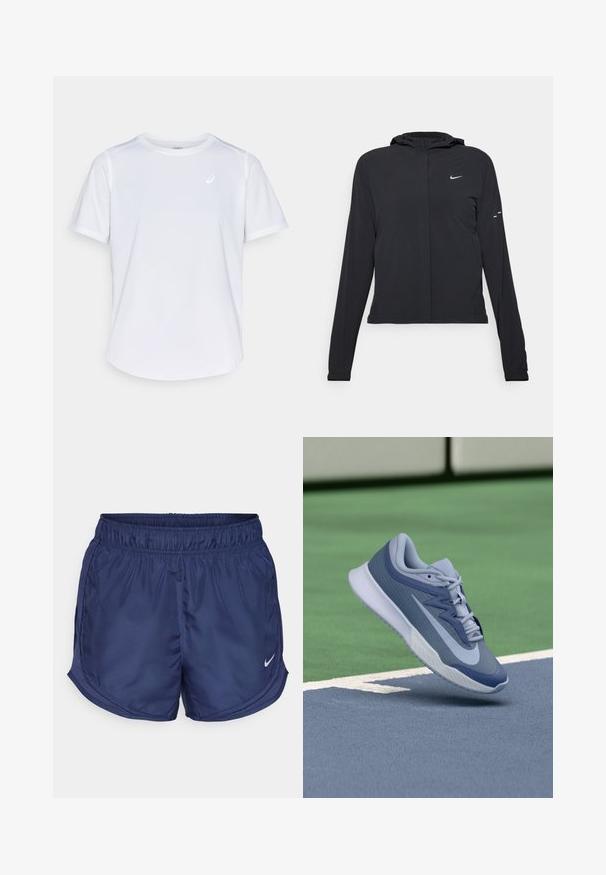 Must musta kapuutsiga jakk, millel on pikad varrukad ja mis on valmistatud kergetest materjalidest. Omab esitaskut, Nike logo ja kergelt silmatorkavaid disainiaktsente.; Valge spordit-särk, lühikeste varrukatega, ümmarguse kaelusega, valmistatud niiskust imavast kangast, rinnal väikese logoga, kerge tekstuur.; Laevanduse spordilühikesed püksid elastse vööga ja külgmiste võrkdetailidega. Vasakul alapoole on väike valge Nike logo.; Spordijalatsid helesinises ja tumesinises värvitoonis, millel on tekstuuriga pealis, lame nööridega ja kerge valge tallaga. Üles tõstetud väljakupinna kohal.