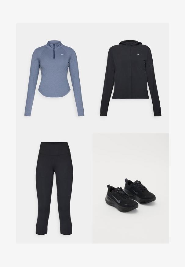 Schwarze Kapuzenjacke mit langen Ärmeln, aus leichtem Material gefertigt. Sie hat einen vorderen Reißverschluss, ein Nike-Logo und dezente Designelemente.; Langärmliges, zip-up Sportoberteil aus einem melierten blauen Stoff mit einem Stehkragen und einem dezenten Nike-Logo auf der linken Brust.; Schwarze, cropped Leggings aus dehnbarem Material, mit einem hohen Bund und glatter Textur, ohne sichtbare Muster oder Hardware.; Schwarze Turnschuhe mit strukturiertem Obermaterial, geschnürtem Design und dicker, gepolsterter Sohle. Mit einem grauen Nike-Logo an jeder Seite.