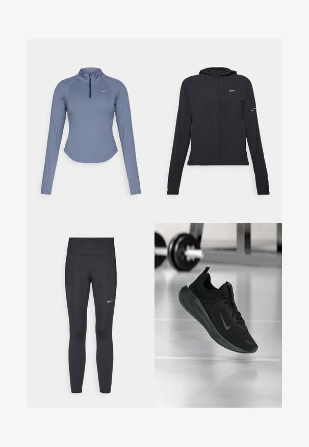 Casaco preto com capuz e mangas longas, feito de material leve. Apresenta um fecho dourado na frente, um logótipo da Nike e detalhes de design subtis.; Top desportivo de manga longa, com fecho éclair, em tecido azul mesclado, com uma gola alta e um discreto logo da Nike no peito esquerdo.; Leggings pretos feitos de tecido elástico, com uma cintura alta e um logo branco da Nike na coxa esquerda. Textura suave, design ajustado ao corpo.; Sapatilha desportiva preta com o logotipo da Nike, mostrada em pleno ar sobre o chão do ginásio, com um suporte de halteres desfocado ao fundo.