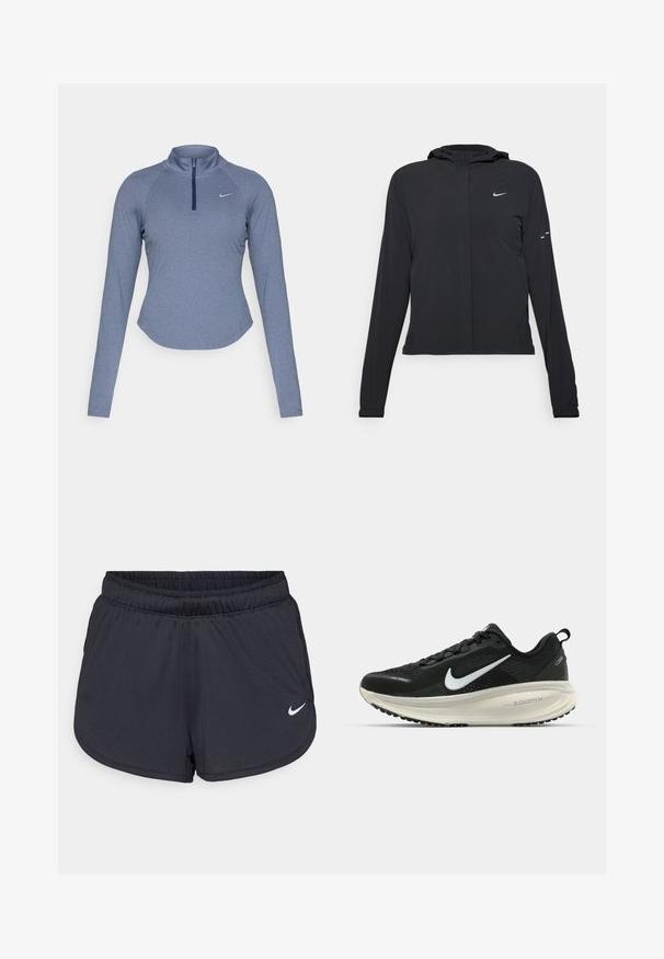 Black hooded jacket with long sleeves, made from lightweight material. Features a front zipper, a Nike logo, and subtle design accents.; Long-sleeve, zip-up athletic top in a heathered blue fabric with a mock collar and a subtle Nike logo on the left chest.; Black athletic shorts made of lightweight, breathable fabric. Features an elastic waistband and white Nike logo on the lower right side.; Black Nike running shoe with breathable mesh upper, white swoosh logo, textured detailing, and a cream-colored ZoomX midsole.