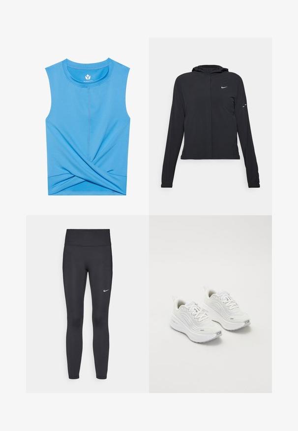 Giacca nera con cappuccio e maniche lunghe, realizzata in materiale leggero. Presenta una zip frontale, il logo Nike e accenti di design sottili.; Top senza maniche di colore blu, realizzato in materiale morbido, presenta un design attorcigliato nella parte inferiore, scollatura rotonda e cuciture piatte per un maggiore comfort.; Leggings neri realizzati in tessuto elasticizzato, con una vita alta e un logo Nike bianco sulla coscia sinistra. Tessuto liscio, design aderente.; Scarpe da ginnastica bianche con tomaia in rete testurizzata, suola ammortizzata e sottili dettagli grigi. Comprendono il branding e una linguetta sul tallone per una facile calzata.