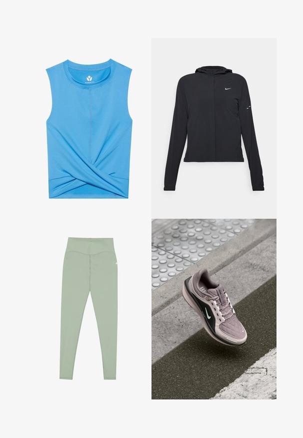 Chaqueta negra con capucha y mangas largas, hecha de un material ligero. Presenta un cierre frontal, un logo de Nike y acentos de diseño sutiles.; Top sin mangas azul, hecho de material suave, presenta un diseño retorcido en la parte inferior, escote redondo y costuras planas para mayor comodidad.; Leggings en verde menta hechos de tejido elástico, con una cinturilla alta y costuras planas para mayor comodidad y una silueta estilizada.; Zapatilla deportiva de un ligero tono púrpura con textura acolchada, acentos laterales en negro y un logo blanco. Presenta cordones y una suela acolchada para mayor comodidad.