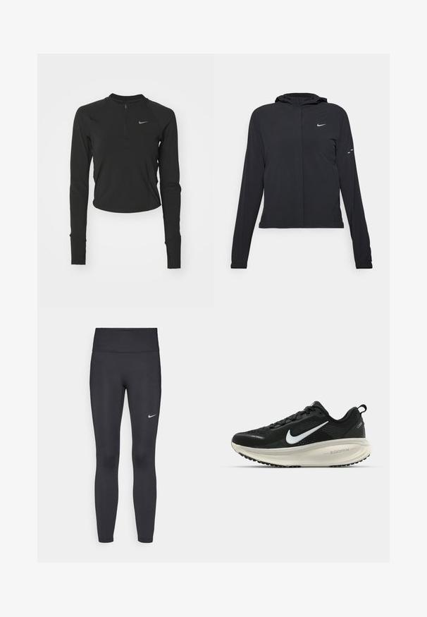 Mustassa hupparissa on pitkät hihat, ja se on valmistettu kevyestä materiaalista. Siinä on edessä vetoketju, Nike-logo ja hillityt muotoiluyksityiskohdat.; Nike Performance RUN - Pitkähihainen paita - black; Mustat leggingsit joustavasta kankaasta, joissa on korkea vyötärö ja valkoinen Nike-logo vasemmassa reidessä. Sileä pinta, muotoaan myötäilevä suunnittelu.; Mustat Nike-juoksukengät, joissa on hengittävä verkko-osa, valkoinen swoosh-logo, teksturoitu yksityiskohtaus ja kermaisen värinen ZoomX-välipohja.